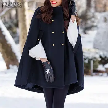 Женское двубортное пальто с лацканами 2021, стильная однотонная накидка ZANZEA, Женские пальто-пончо, Повседневная верхняя одежда без рукавов 