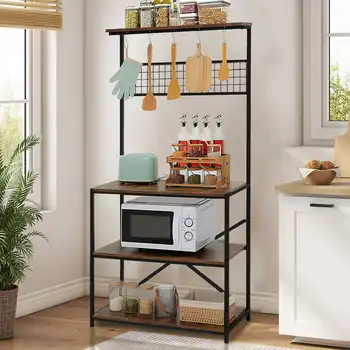 4-х уровневый стеллаж для выпечки для кухни, полка для хранения, тележка с подвесными крючками, коричневый
