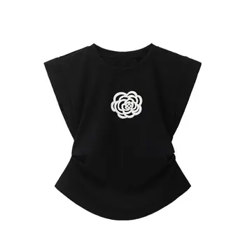 Обтягивающая декоративная футболка с камелией, Лето 2023, Новый дизайн, Короткий Тонкий топ, женская одежда