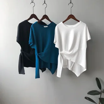 Круглый вырез, однотонный модный топ с коротким рукавом, Женская бандажная синяя футболка Неправильной формы, пуловер, Свободные универсальные футболки Белого цвета