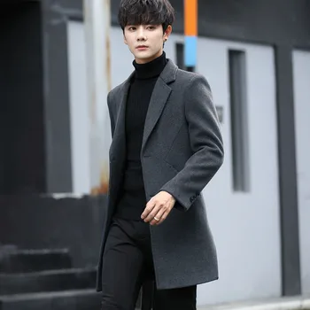 Мужская ветровка средней длины, шерстяное пальто, мужское корейское тонкое модное шерстяное пальто, зимняя молодежная утолщенная куртка