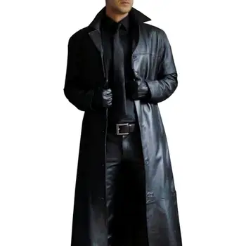 Мужская куртка с отложным воротником, мужское осеннее пальто из гладкой искусственной кожи, Ветрозащитная Уличная одежда, приталенный мужской тренч с длинным рукавом