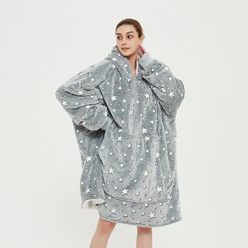 Ленивое одеяло с капюшоном, фланелевый свитер из шерпы с двойным принтом, Женское одеяло для телевизора, домашняя повседневная одежда