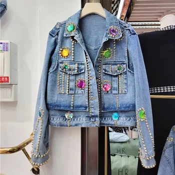 Женское джинсовое пальто с бриллиантовыми бусинами для тяжелой промышленности, весенне-осенняя куртка, новинка 2023 года