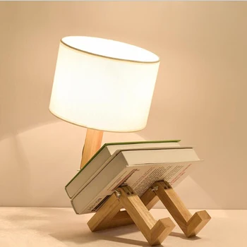 Держатель деревянных настольных ламп в форме робота 110-240 В, Современная настольная лампа из натурального Дерева, Настольная лампа для кабинета в помещении, светодиодный ночник