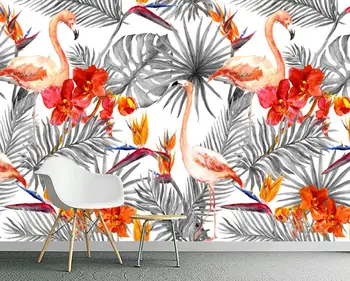 Обои на заказ, ручная роспись, фламинго, банановый лист, растительный фон, настенная живопись, украшение дома, листья тропического леса, 3D обои