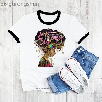 She Is Strong/ Черные женские футболки, Модная футболка с леопардовой Звездой, Афро-Королева Меланина, Футболка Femme Black Girl, Волшебная футболка, Женские топы