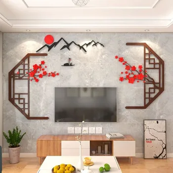 Китайский ТВ фон Акриловые наклейки на стены Цветок сливы Настенная живопись Трехмерная гостиная Крыльцо Настенные наклейки