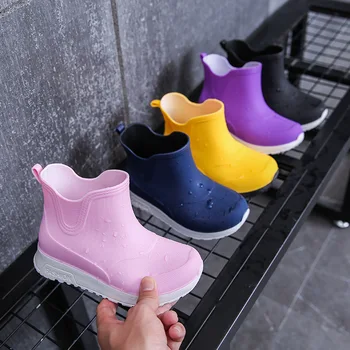 Детские непромокаемые ботинки, нескользящие водонепроницаемые водонепроницаемые ботинки для мальчиков и девочек, прочная резиновая обувь без застежки, Универсальные уличные детские кроссовки