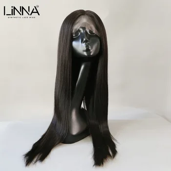 Длинный прямой синтетический кружевной парик LINNA для женщин, Т-образная часть, Прозрачный Кружевной парик, парики из высокотемпературного волокна