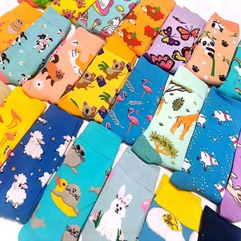 Веселые Разноцветные носки, Женская Весенняя мода, Милый Мультяшный Ленивец, Жираф, Медведь-Фламинго, Чулки для девочек с рисунком Радужных грибов