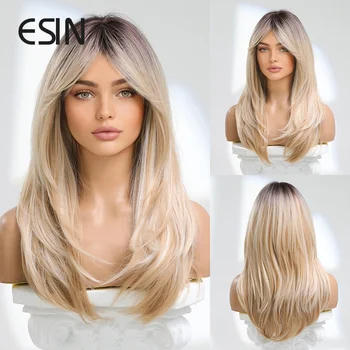 Синтетический парик ESIN, Длинные Каштановые Парики для женщин, Многослойные волосы Омбре с темными корнями