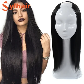 Длинный прямой U-образный парик на половину головы для женщин, термостойкие натуральные Черно-коричневые парики, искусственные кусочки волос Sylhair
