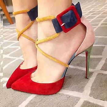 Высококачественные красные, желтые, пикантные женские туфли-лодочки с большой пряжкой на высоком каблуке и острым носком, женские туфли на шпильке, OL out, подходят