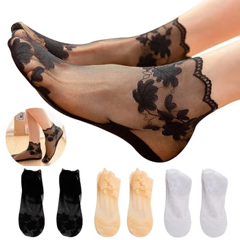 1 пара летних женских носков из чистого хлопка, кружевные невидимые носки с листьями, тонкие женские кружевные носки-лодочки, полые нескользящие неглубокие носки