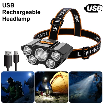 USB Перезаряжаемый Налобный фонарь Портативный 5LED налобный фонарь с регулируемым на 180 градусов рабочим светом для Рыбалки Кемпинга Езды на Велосипеде